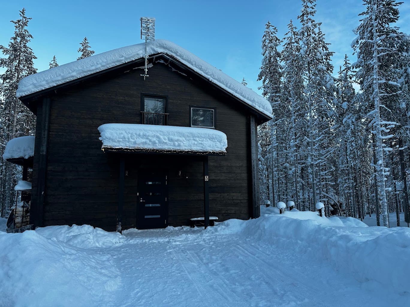 Snow & Pine cabin exterior — built in 2024, private land, Levi forest