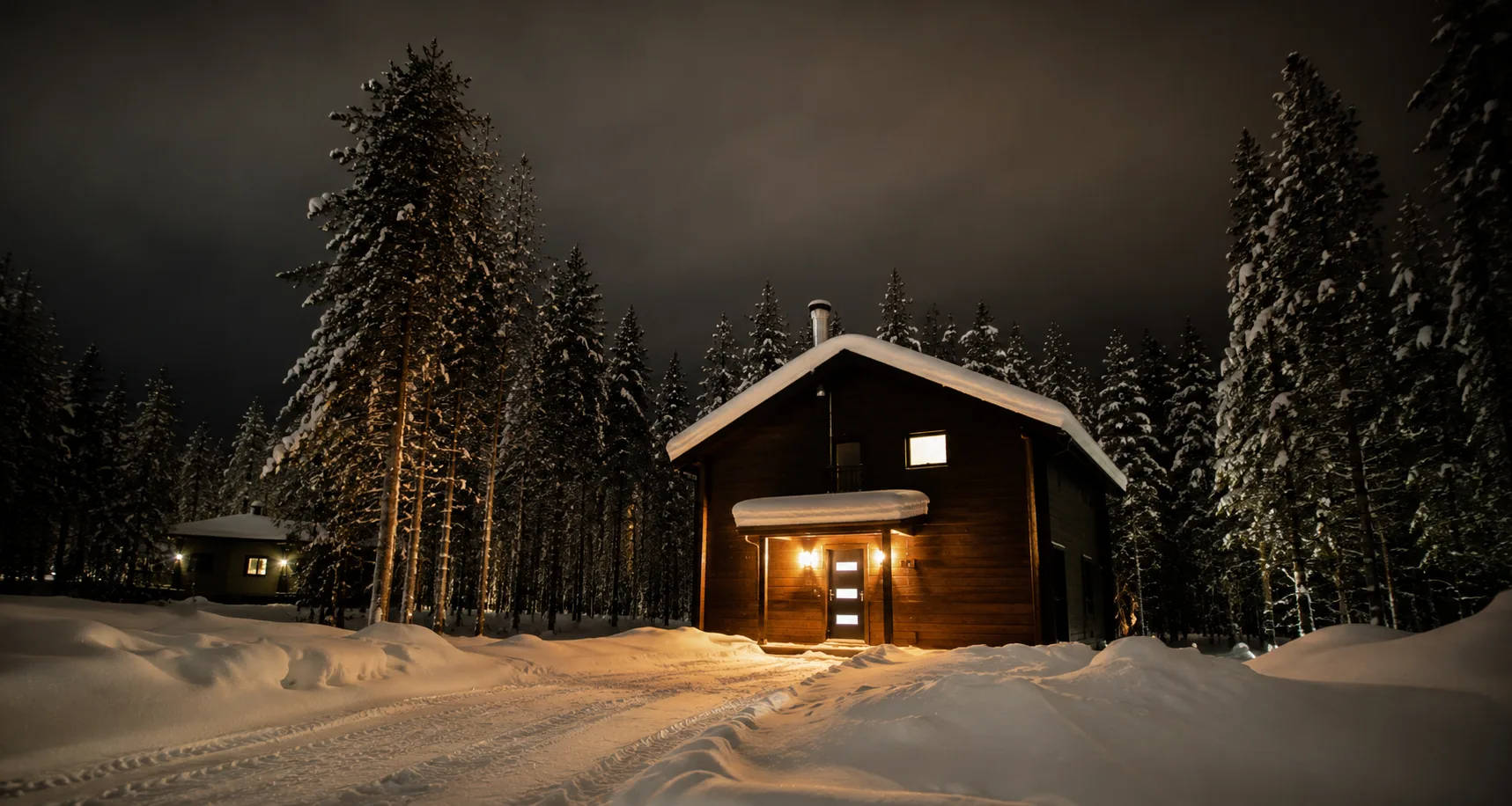 Snow & Pine at night — a snow-covered log cabin in the Levi forest, warm light spilling from the doorway, pines heavy with snow on either side