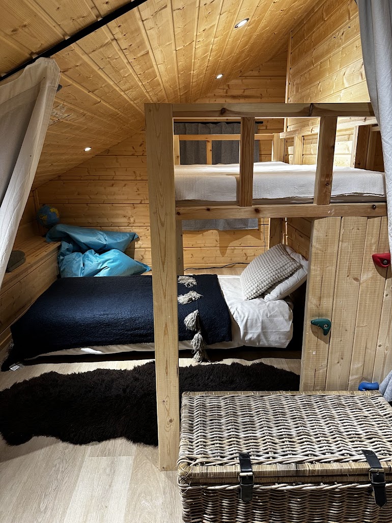 Upstairs family bedroom with a bunk bed and a double bed at Snow & Pine